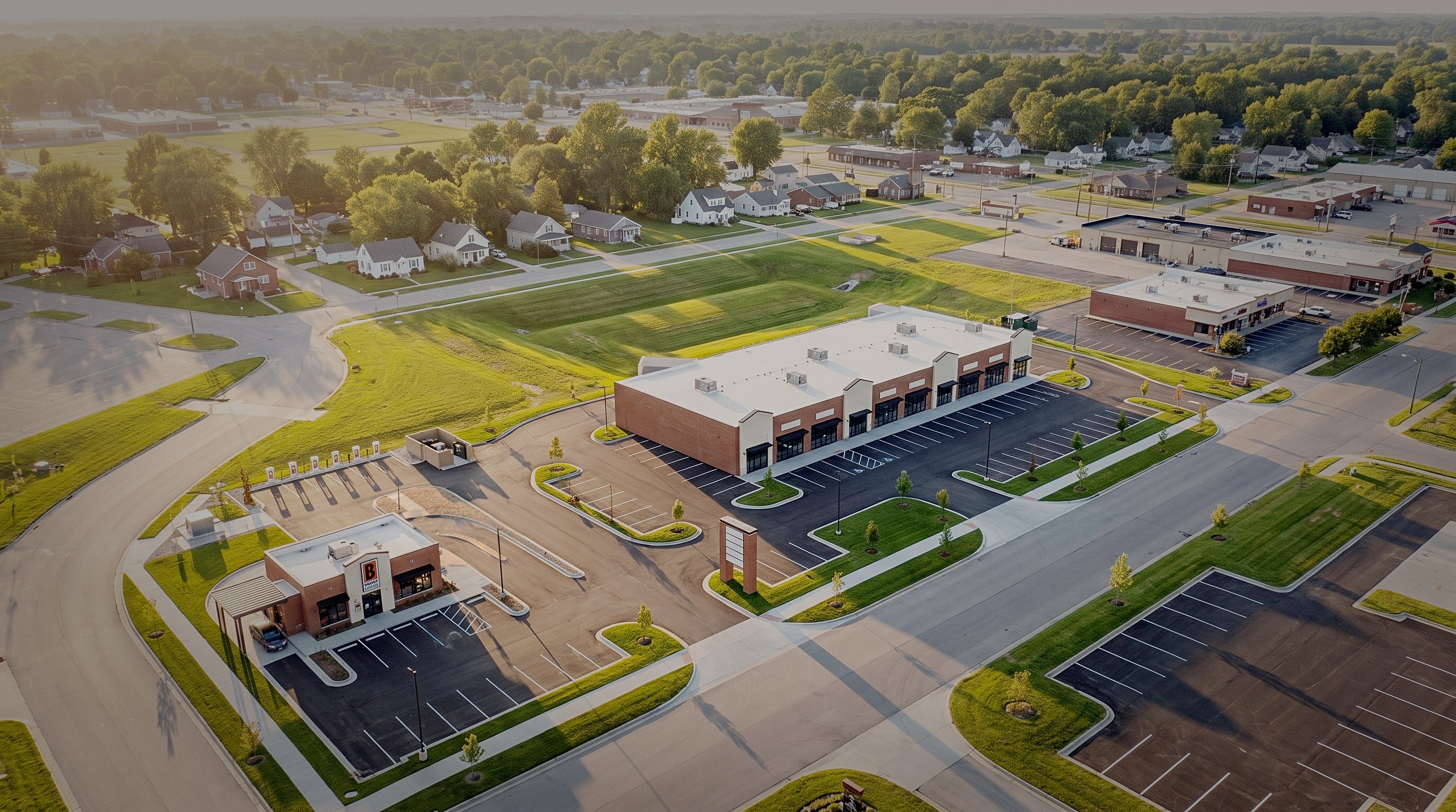 Aerial rendering of Marque Center, a brick retail center with ten storefronts, a drive-through coffee building and Tesla Supercharging stalls on North Dixie Drive.